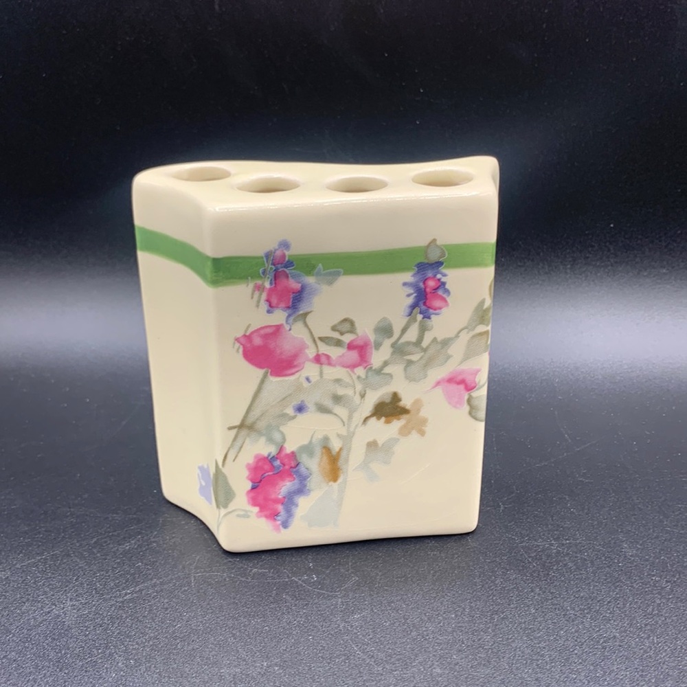 Vintage 4 Slot Floral Transfer Ware Hand-Painted Pottery Toothbrush Holder #217